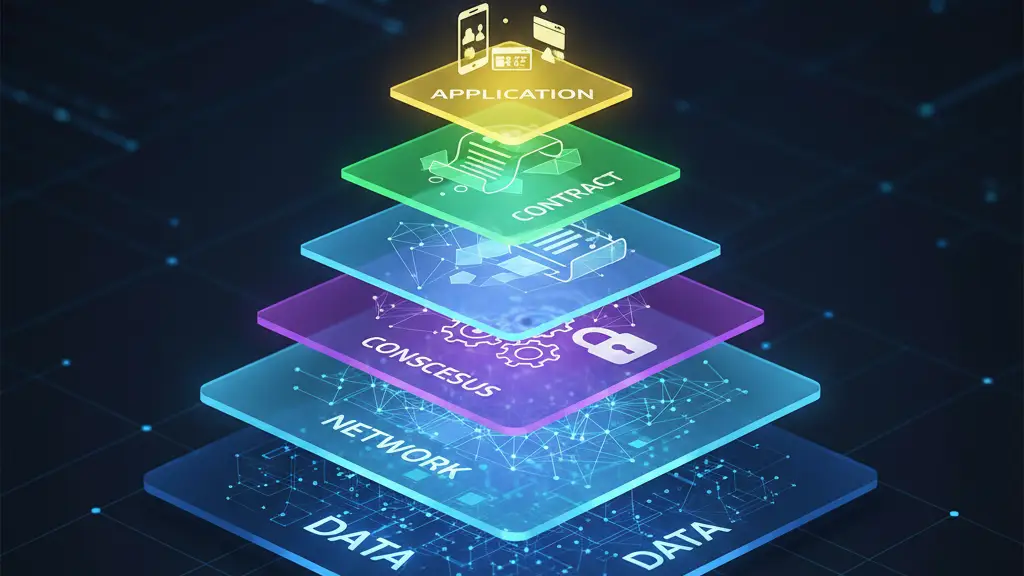 Blockchain layered architecture infographic showing multiple layers