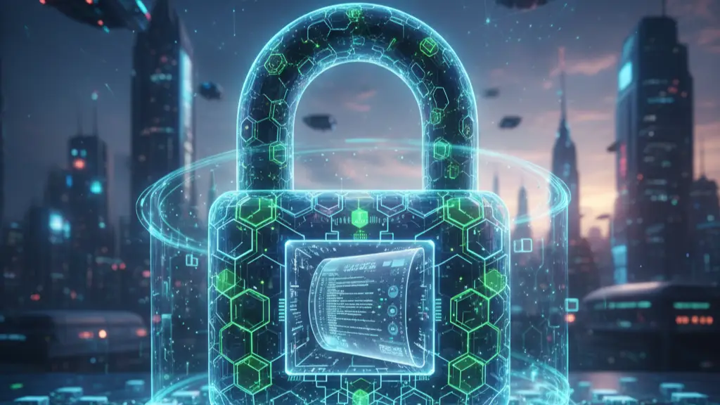 Blockchain benefits illustrated with secure digital lock and ledger