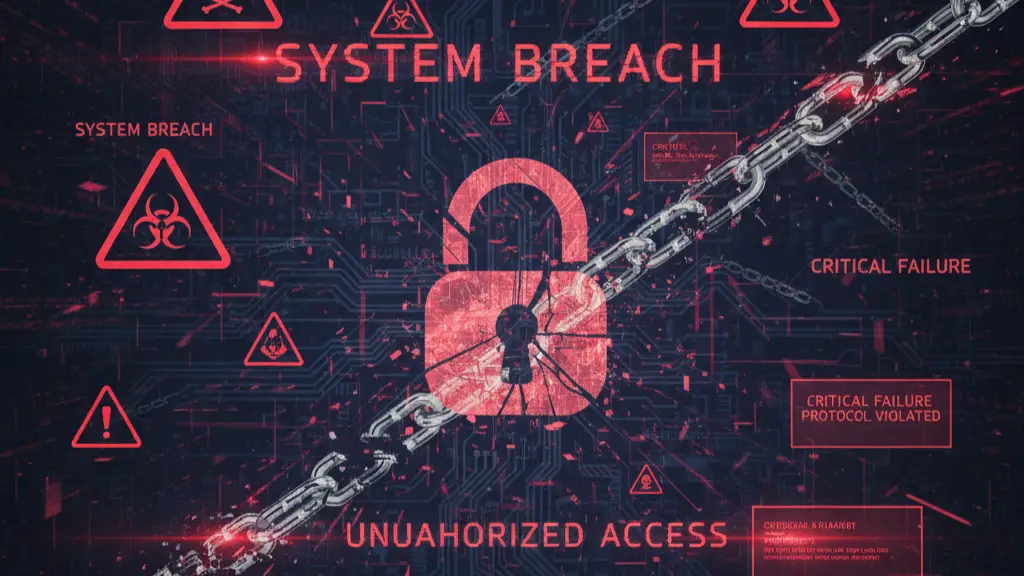 Blockchain risks visualized with security threats and broken links