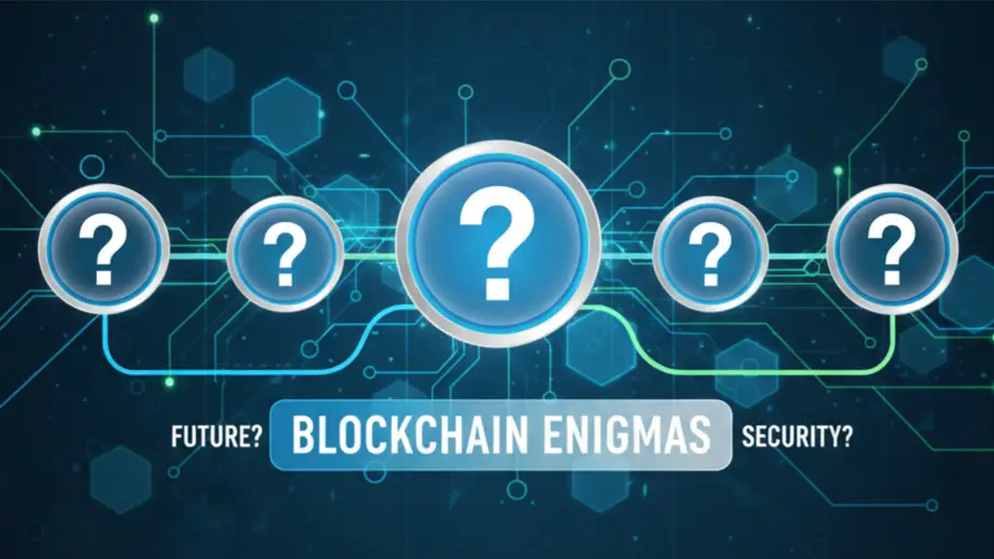 Blockchain FAQs infographic with digital background