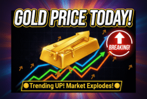 Gold Price Today featured image with bars symbols, upward arrows, and market trend charts