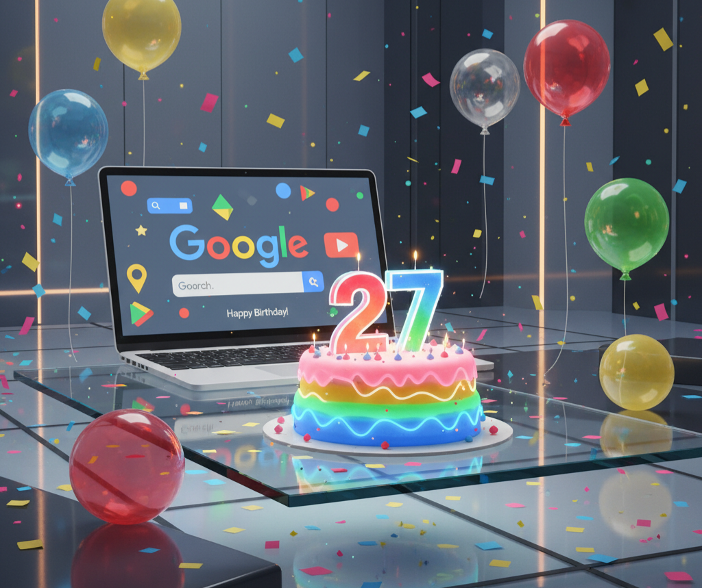 Google’s 27th Birthday celebration with vibrant Doodle and cake.