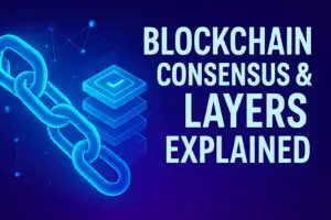 Blockchain consensus and layers digital illustration with futuristic glowing network