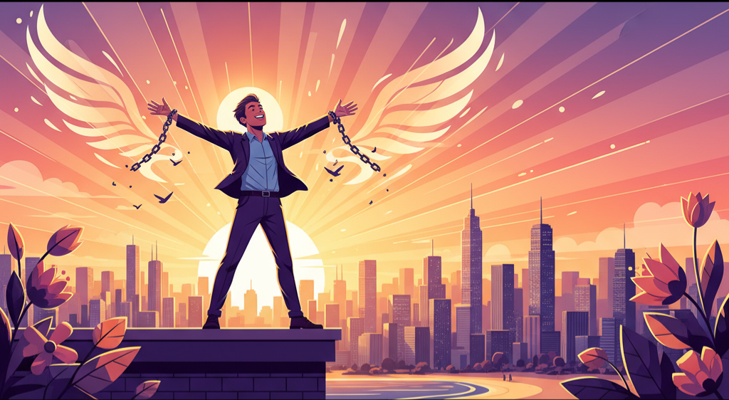 How To Retire Early: young professional breaking chains at sunrise over city skyline.