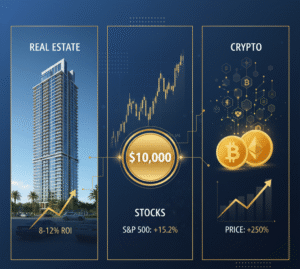 Real Estate vs Stock vs Crypto Market investment comparison for $10000 in 2025 showing ROI potential and risk profiles