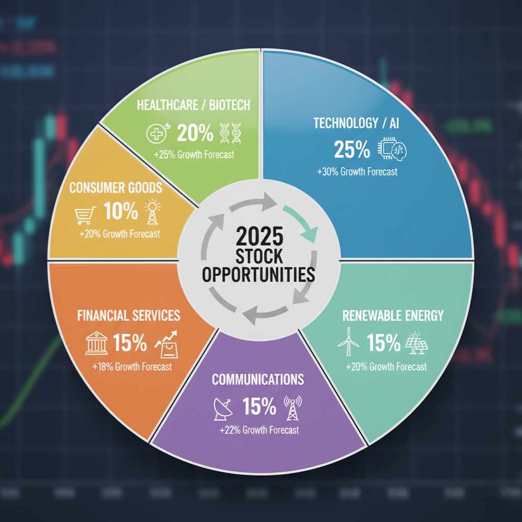 Stock market sector allocation showing high-potential investment opportunities for 2025 including technology AI healthcare and renewable energy
