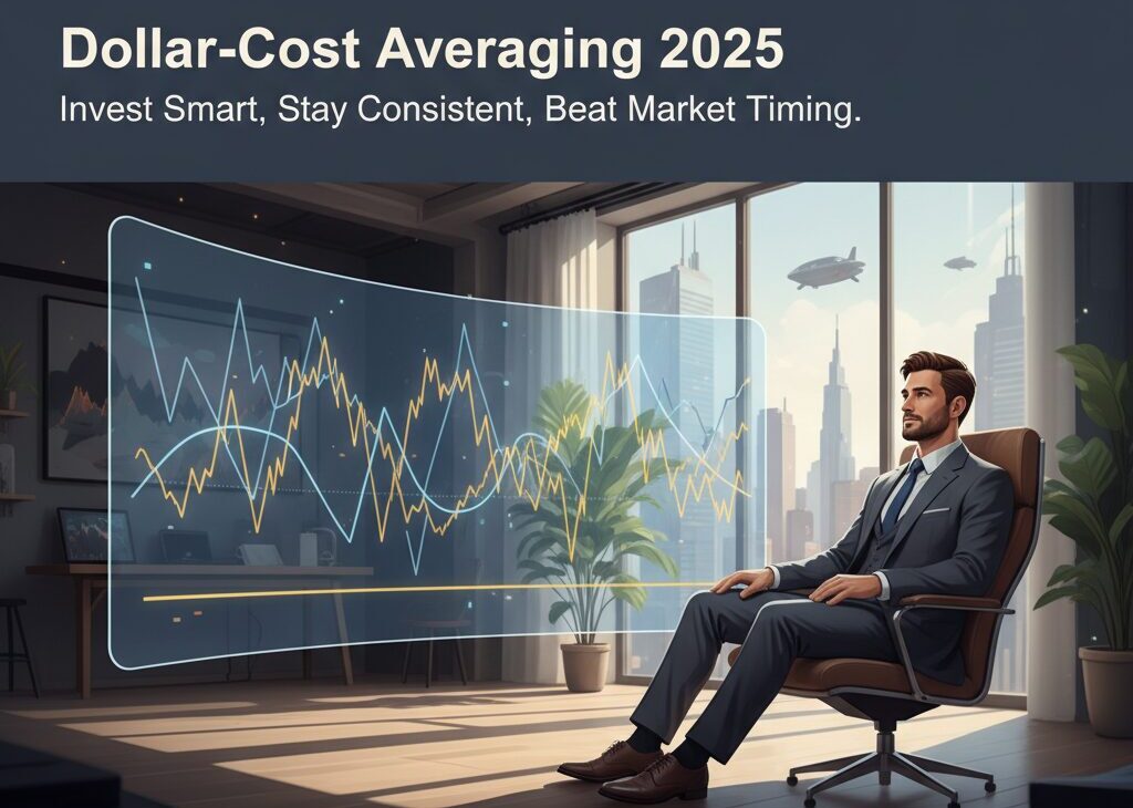 Dollar-cost averaging guides 2025 — consistent investing strategy to reduce market timing risk illustration.