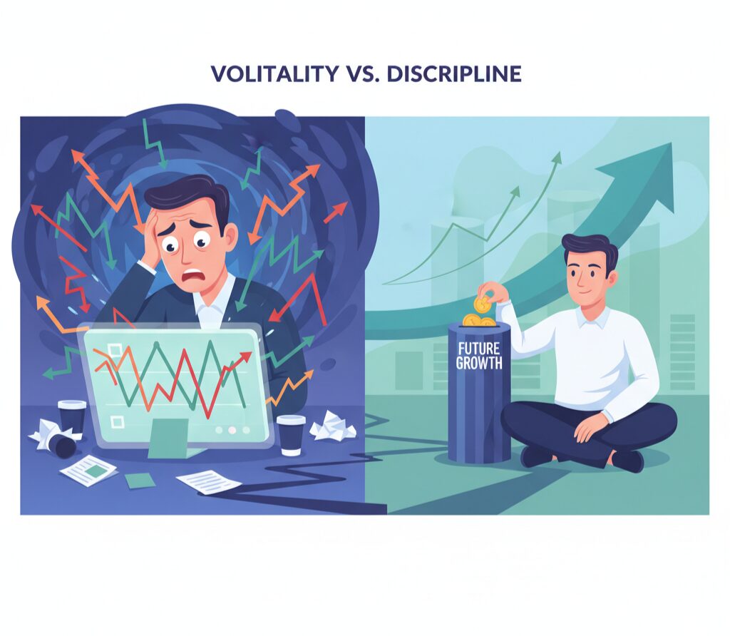 Dollar-cost averaging reduces market timing risk — consistent investor vs. anxious trader concept.